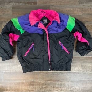 Vintage Ski Jacket 80s 90s Mixed Blues Neon Colorblock Puffer Jacket Large Coat